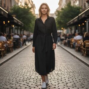 Abercrombie & Fitch Long-Sleeve Belted Shirt Dress Black Small